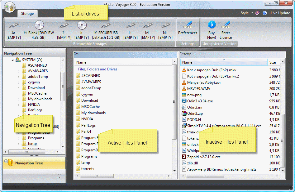 Initial state of the Master Voyager interface